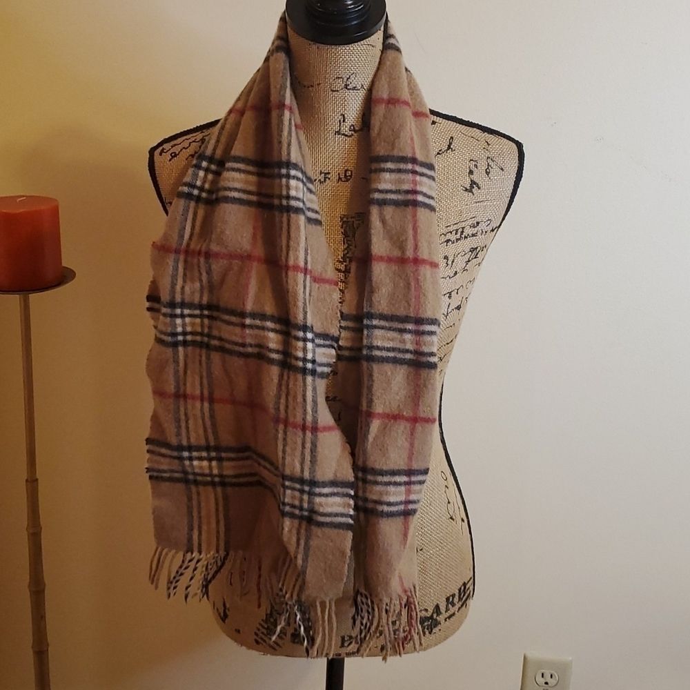 Tan Plaid Fringed Scarf Wrap Classic Tartan Check Neutral One Size - Picture 3 of 5